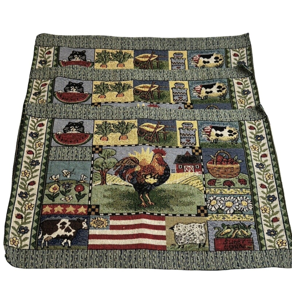 Set of 3 Vintage Country Farm Rooster Cow Patriotic Tapestry Placemats VTG